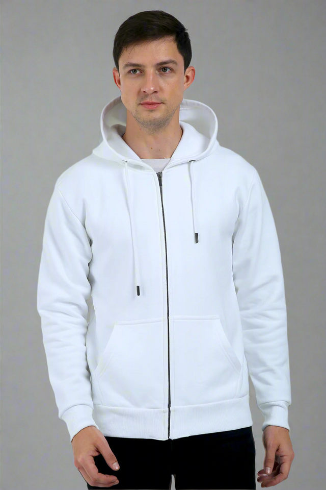 WHITE UNISEX ZIP HOODIE.